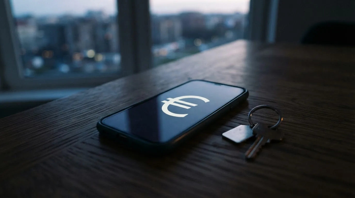 Ein Smartphone mit dunklem Display liegt auf einem Holztisch, daneben ein Schlüsselbund, im Hintergrund ein Fenster mit Abendlicht.
