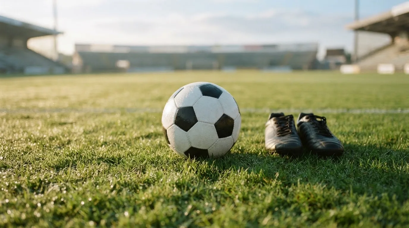 Ein Fußball auf frisch gemähtem Rasen im Morgenlicht, daneben ein Paar Fußballschuhe ohne erkennbare Marke.