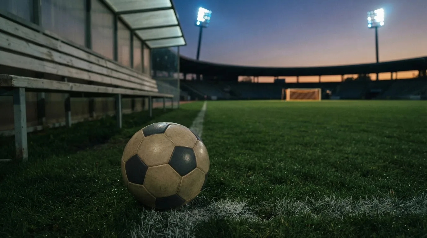 Ein Fußball liegt am Spielfeldrand neben einer leeren Ersatzbank, das Flutlicht über dem Platz leuchtet in der Dämmerung.