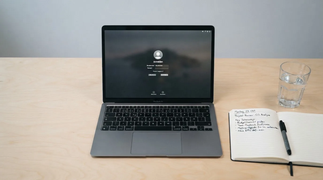 Ein Laptop mit dunklem Bildschirm steht aufgeklappt auf einem Schreibtisch, daneben ein Notizbuch und ein Glas Wasser.