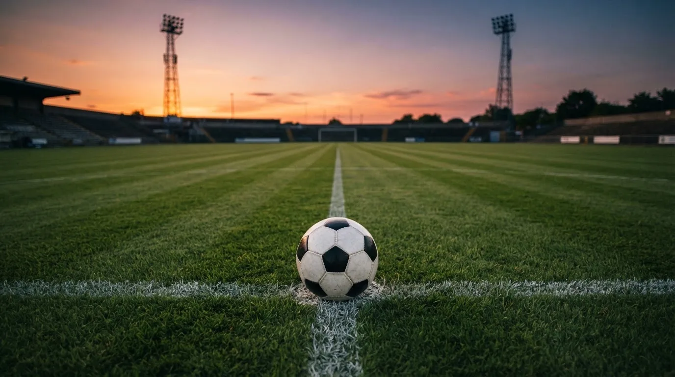 Ein Fußball liegt auf dem Anstoßpunkt eines Rasenplatzes in der Abenddämmerung, Flutlichtmasten stehen unscharf im Hintergrund.