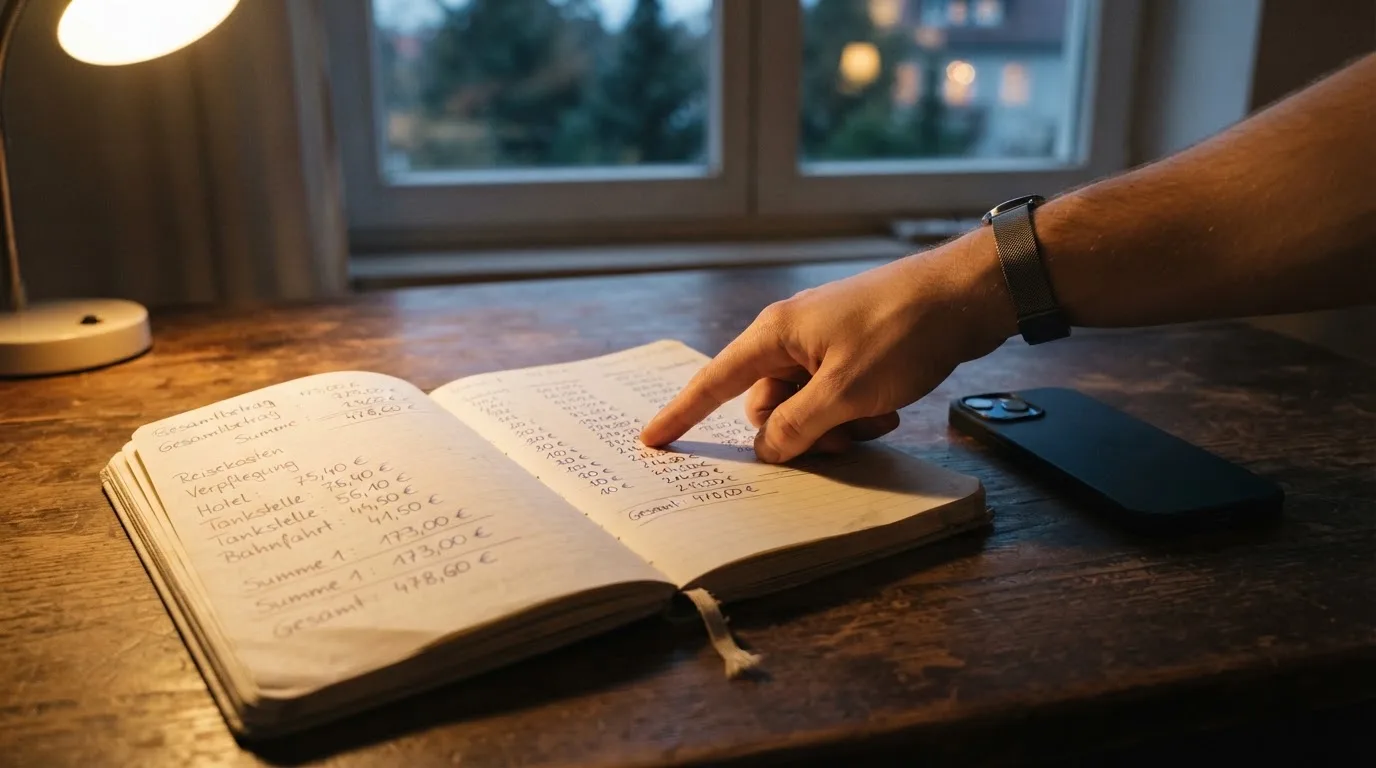 Ein Notizbuch mit handschriftlichen Zahlen liegt neben einem Smartphone mit dunklem Display auf einem Tisch, im Fenster Dämmerlicht.