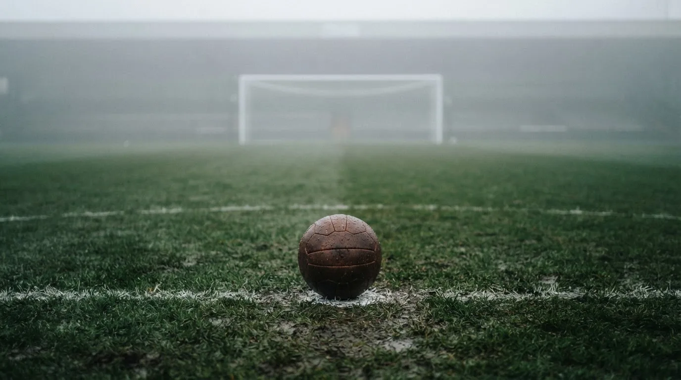 Ein Fußball liegt auf dem Elfmeterpunkt eines nassen Rasenplatzes, im Hintergrund ein leeres Tor im Nebel.