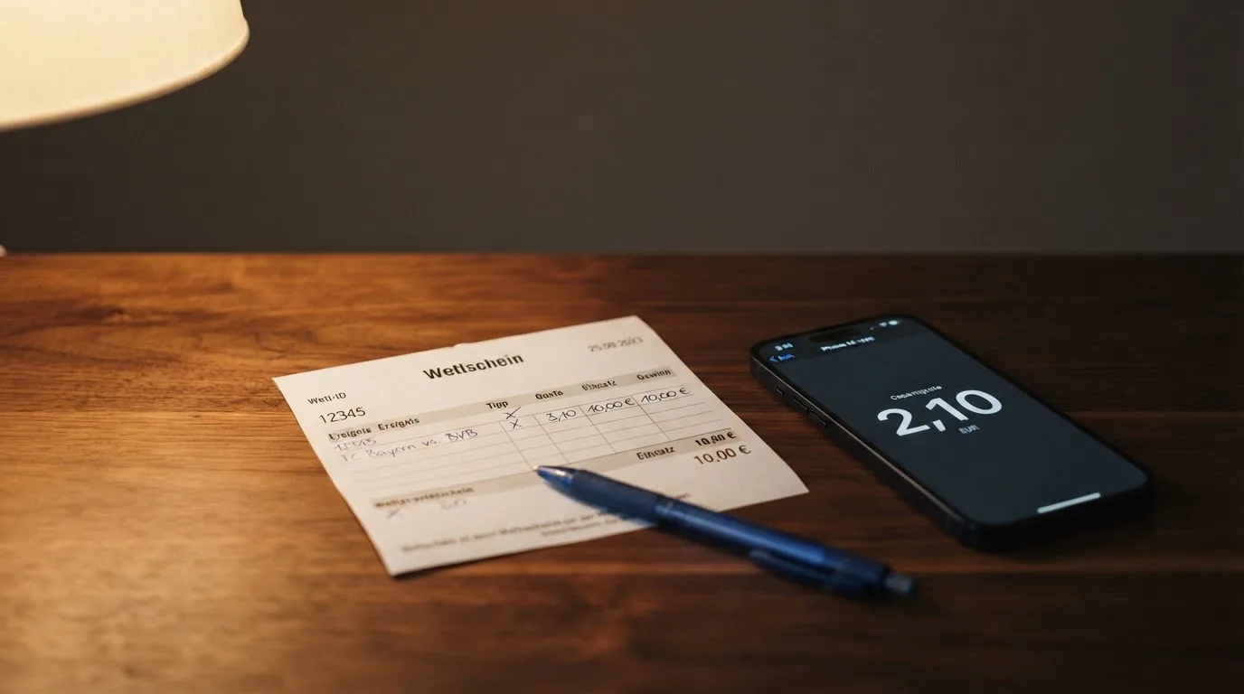 Ein leerer Papier-Wettschein und ein Kugelschreiber liegen auf einem Holztisch neben einem schwarzen Smartphone.