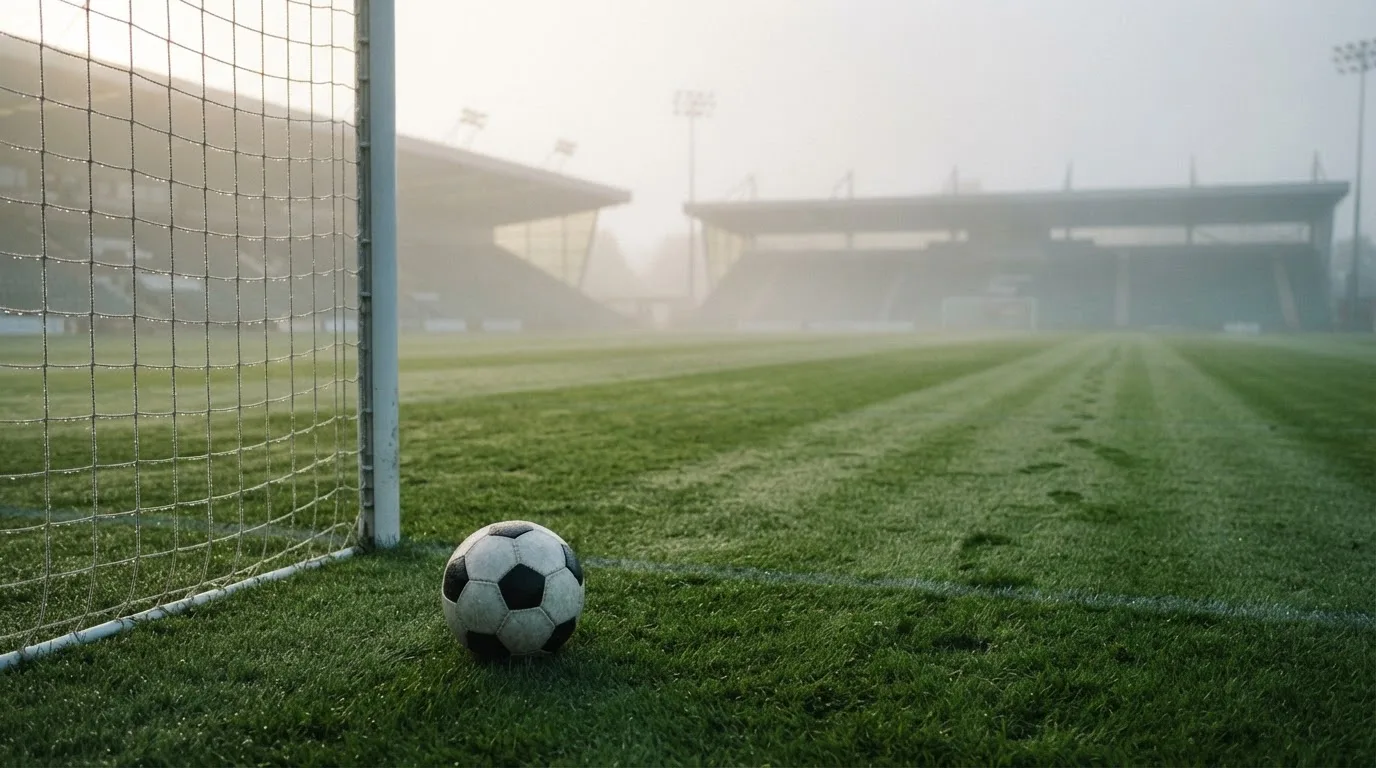 Ein Fußball liegt auf dem Rasen vor einem Tor im Morgennebel, die Netzmaschen sind taufeucht.