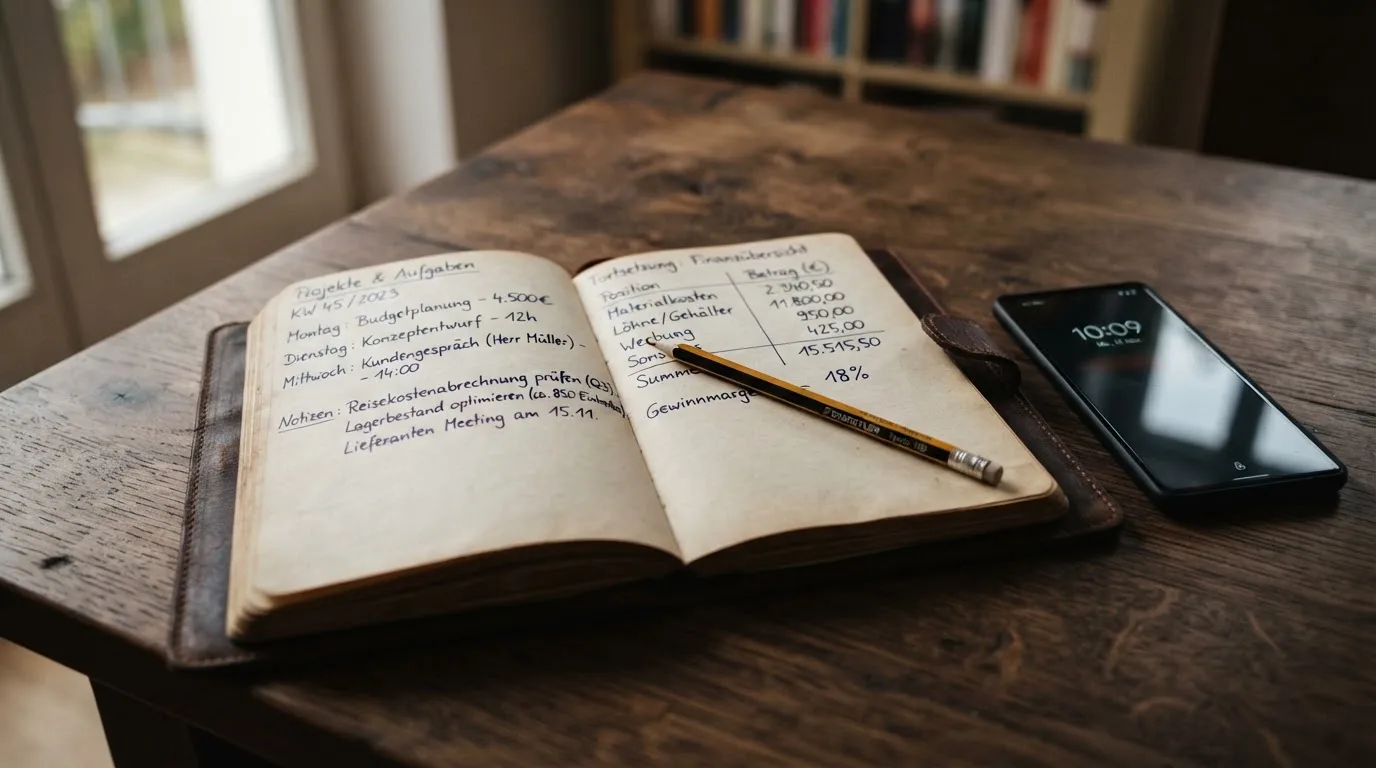 Ein Notizbuch mit handschriftlichen Zahlenreihen liegt neben einem Bleistift und einem Smartphone mit dunklem Display auf einem Tisch.