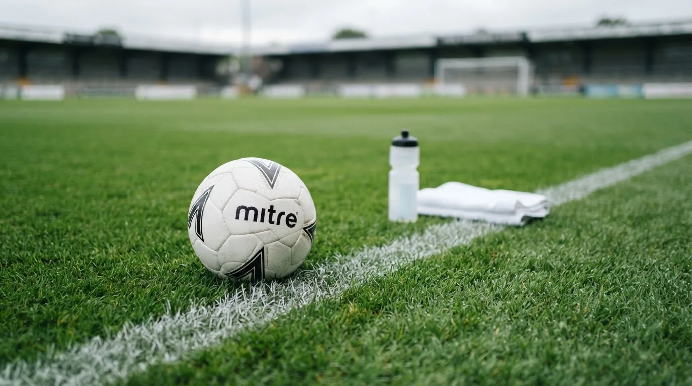 Ein Fußball auf einer Wiese neben der Seitenlinie, daneben eine Trinkflasche ohne Aufdruck und ein Handtuch.