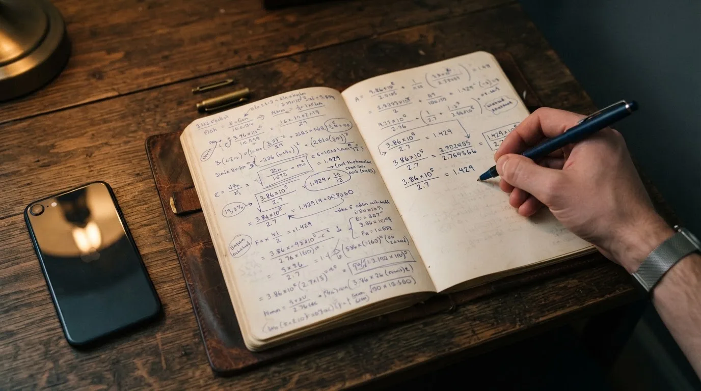 Ein Notizbuch mit handschriftlichen Notizen und ein Taschenrechner liegen auf einem Schreibtisch neben einem Smartphone mit dunklem Display.