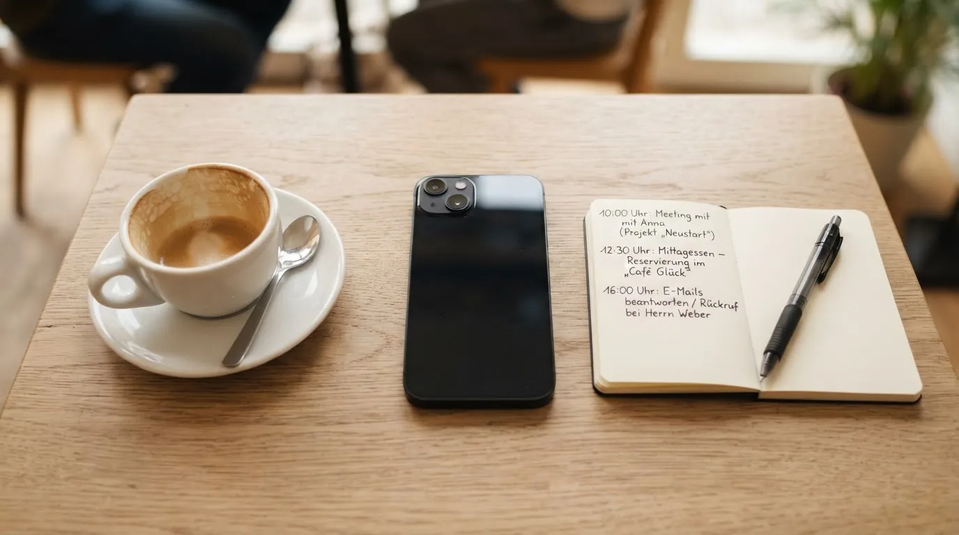 Ein Smartphone liegt mit schwarzem Display neben einer Kaffeetasse und einem Notizblock auf einem Café-Tisch.