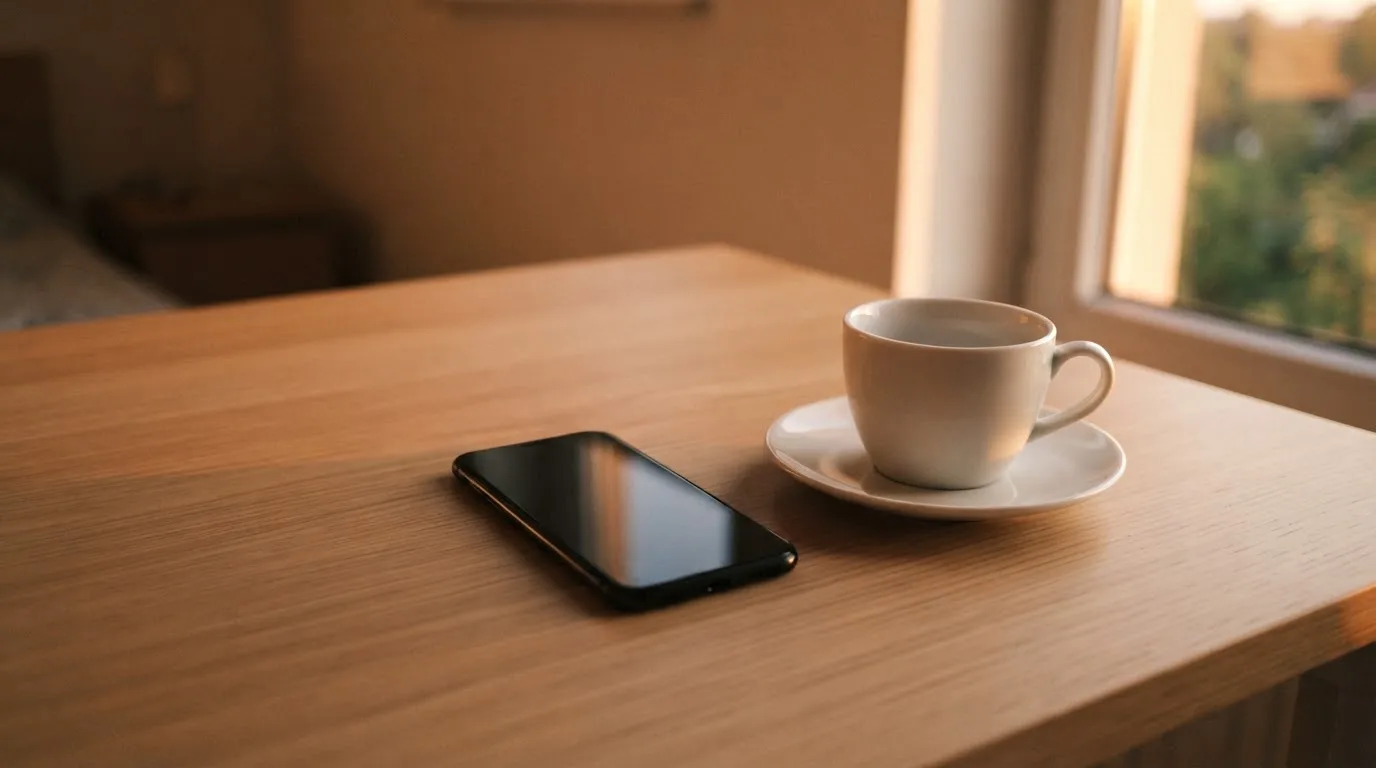 Ein Smartphone mit dunklem Display liegt neben einer Kaffeetasse auf einem Schreibtisch, durch das Fenster fällt Abendlicht.