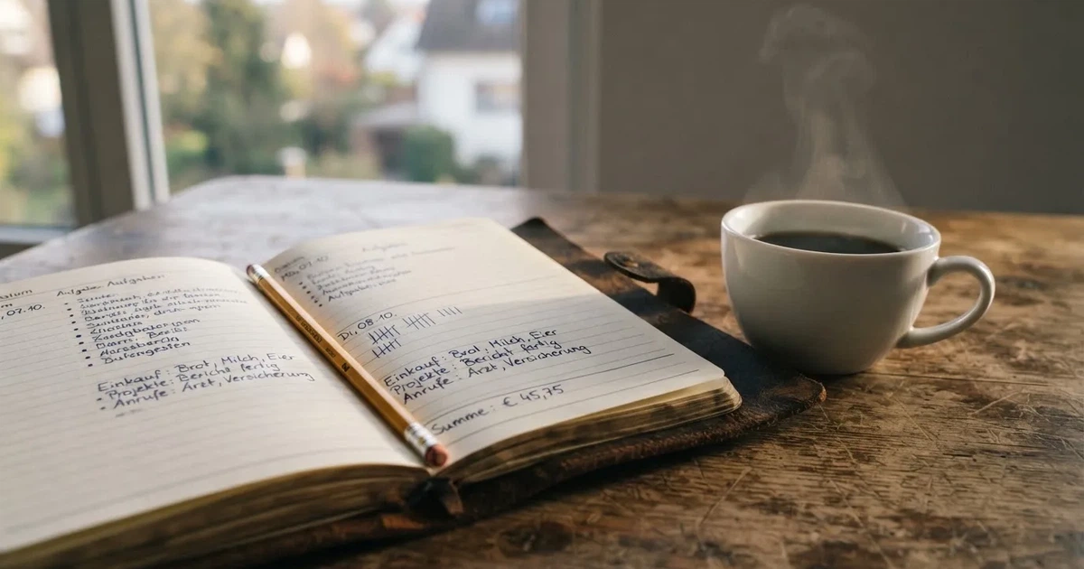 Ein aufgeschlagenes Notizbuch mit handgezeichneten Spalten und Strichen liegt neben einem Bleistift und einer Kaffeetasse auf einem Tisch am Morgen.