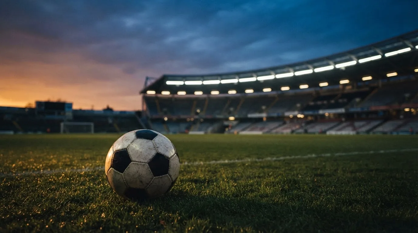 Ein Fußball liegt auf einem Rasenplatz in der Dämmerung, im Hintergrund ein ferner Stadionrand unter Flutlicht.