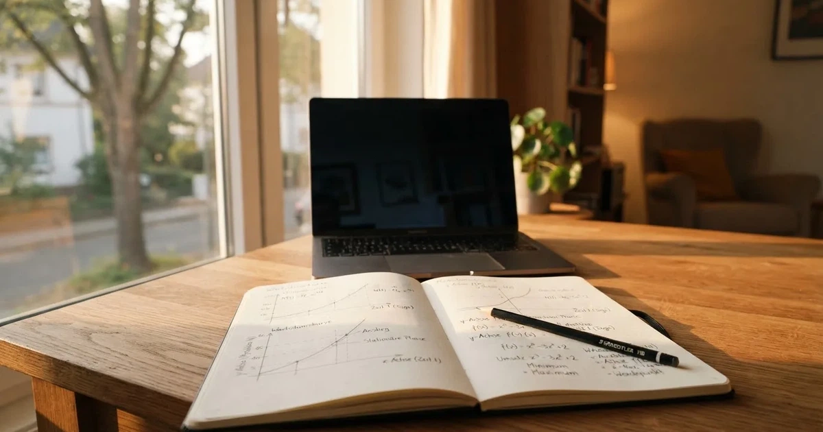 Ein Laptop-Bildschirm bleibt dunkel, davor ein Notizbuch mit handgezeichneten Kurven und ein Bleistift auf einem Schreibtisch am Fenster.