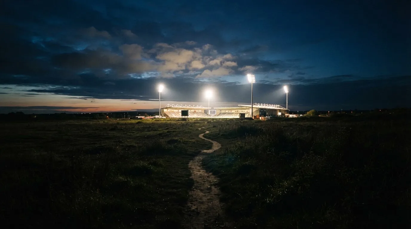Ein Stadion unter Flutlicht von weitem gesehen, davor ein Feld und ein Feldweg im Dunkeln.